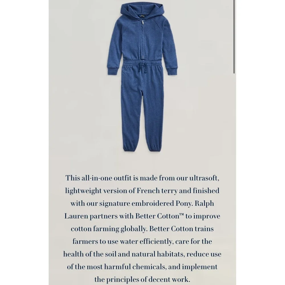 Polo‎ Ralph Lauren Girls Spa Terry Hooded Jumpsuit Romper Blue Size 6 NEW L/S